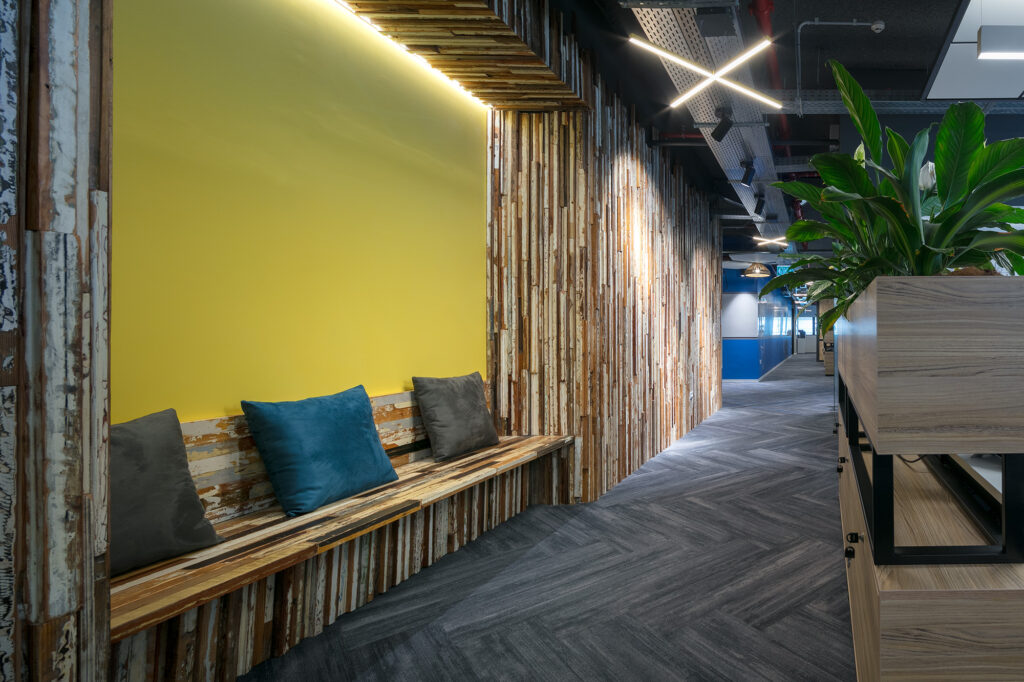 Corridor with timber slat screening in a Domark office project