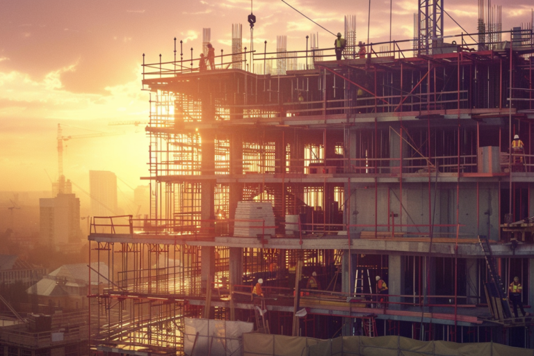 Multi-storey building under construction with scaffolding at sunset