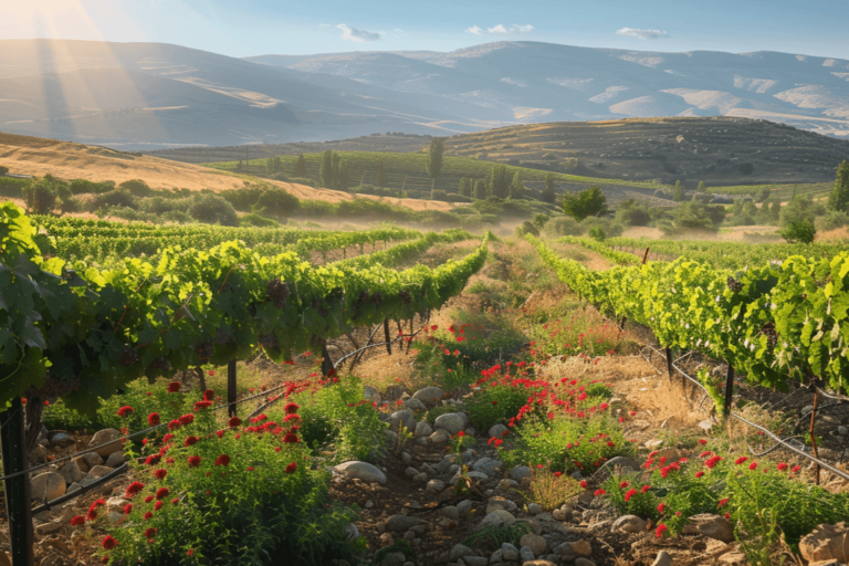 Vineyard rows on a hillside at first light