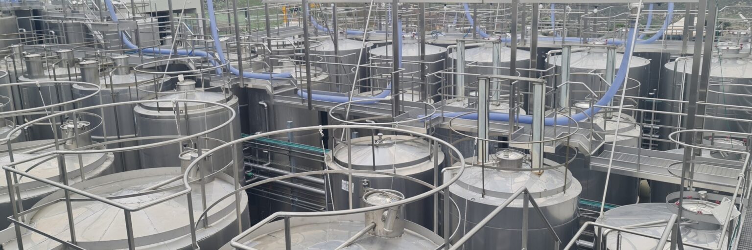 Stainless steel fermentation tanks under construction at a winery