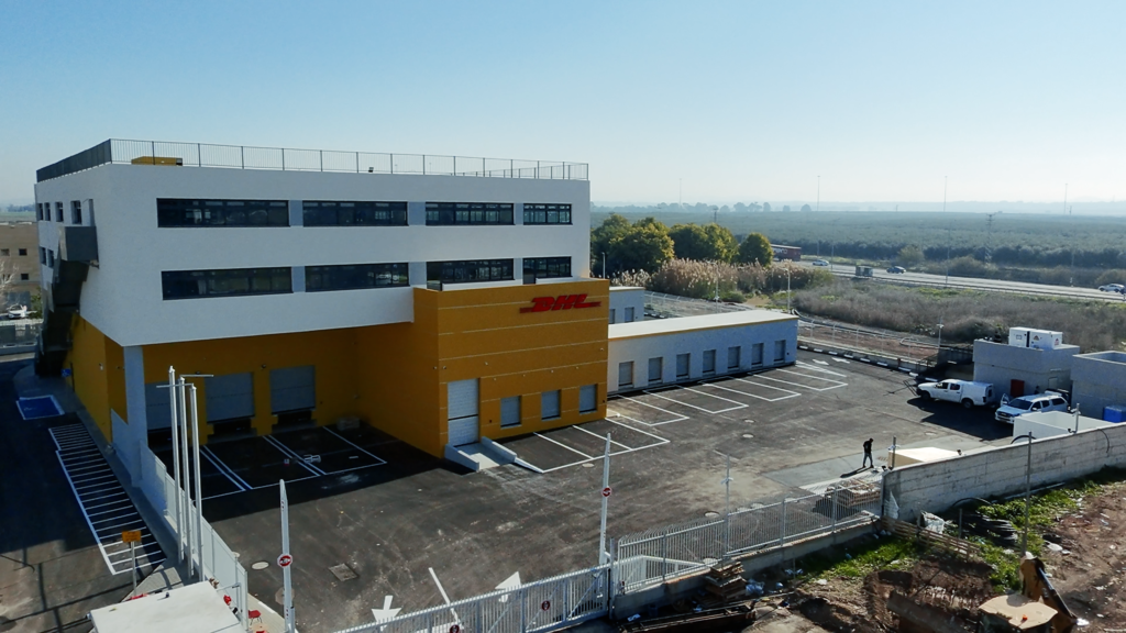Aerial view of the DHL Southern Center logistics building and its yard