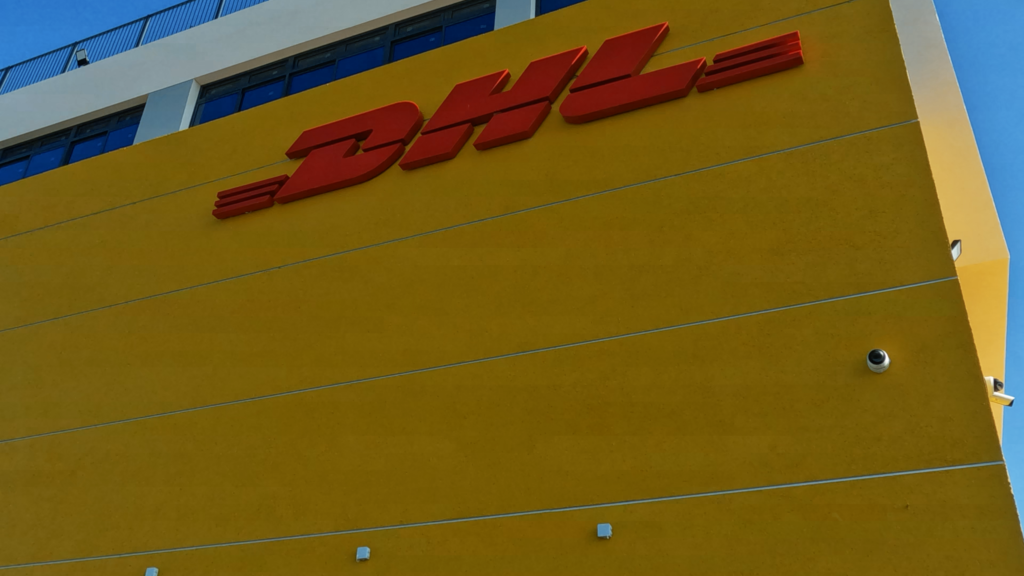 Close-up of the DHL signage on the Southern Center facade