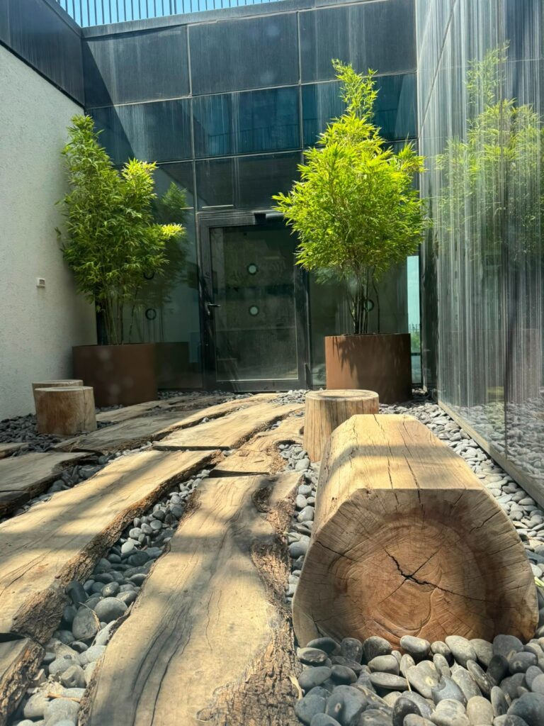Inner courtyard with timber seating and bamboo at Beit Shulamit