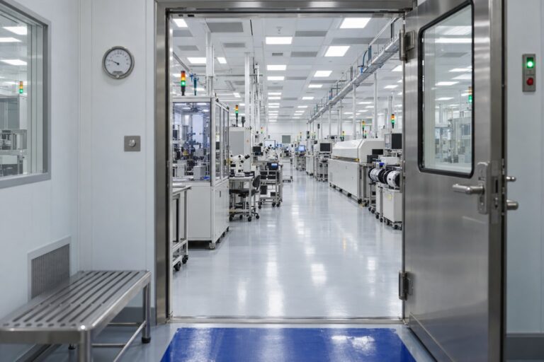 View from a clean room airlock into an ISO 7 microelectronics production clean room