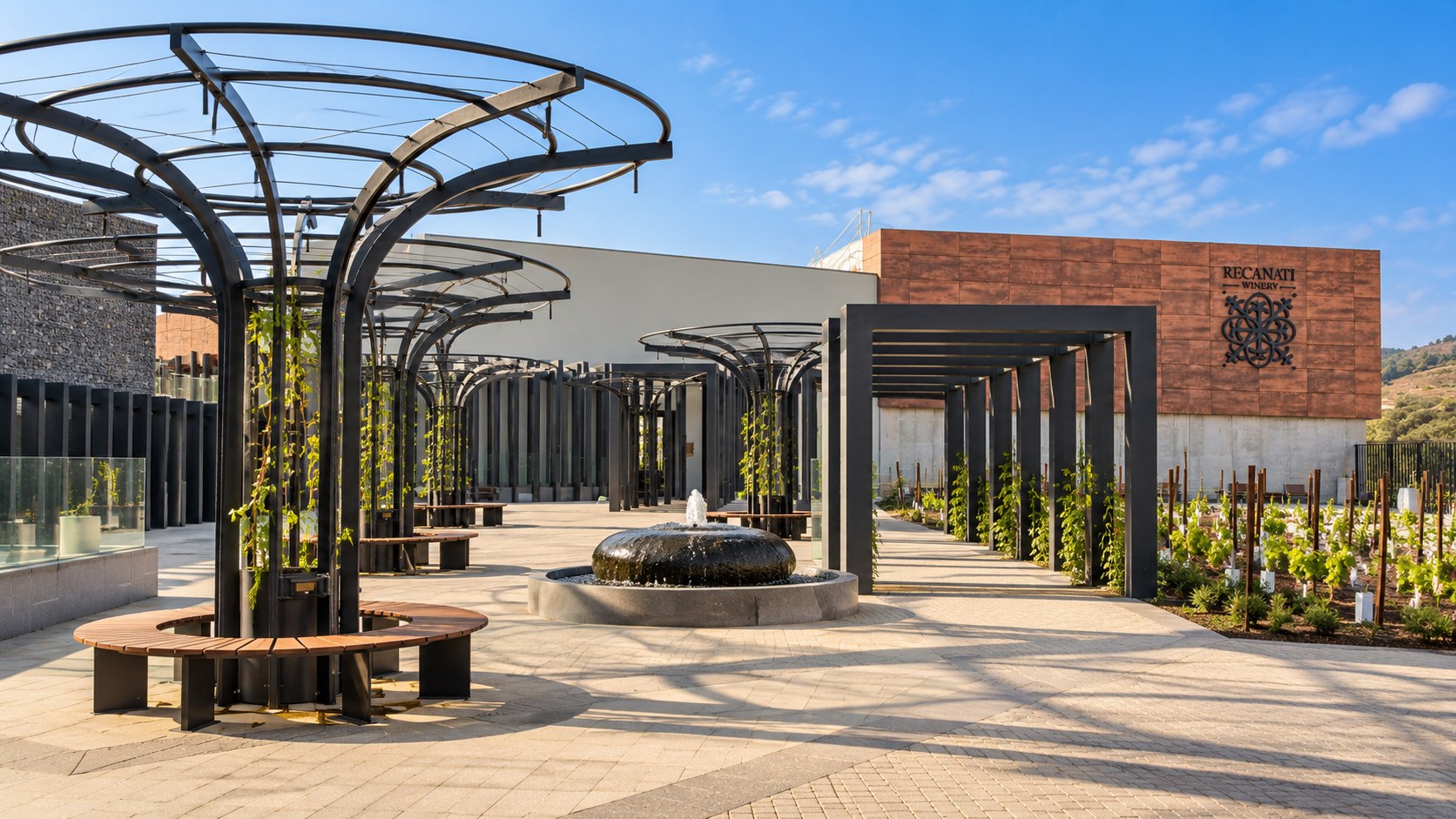 Recanati Winery - entrance plaza with pergolas and fountain