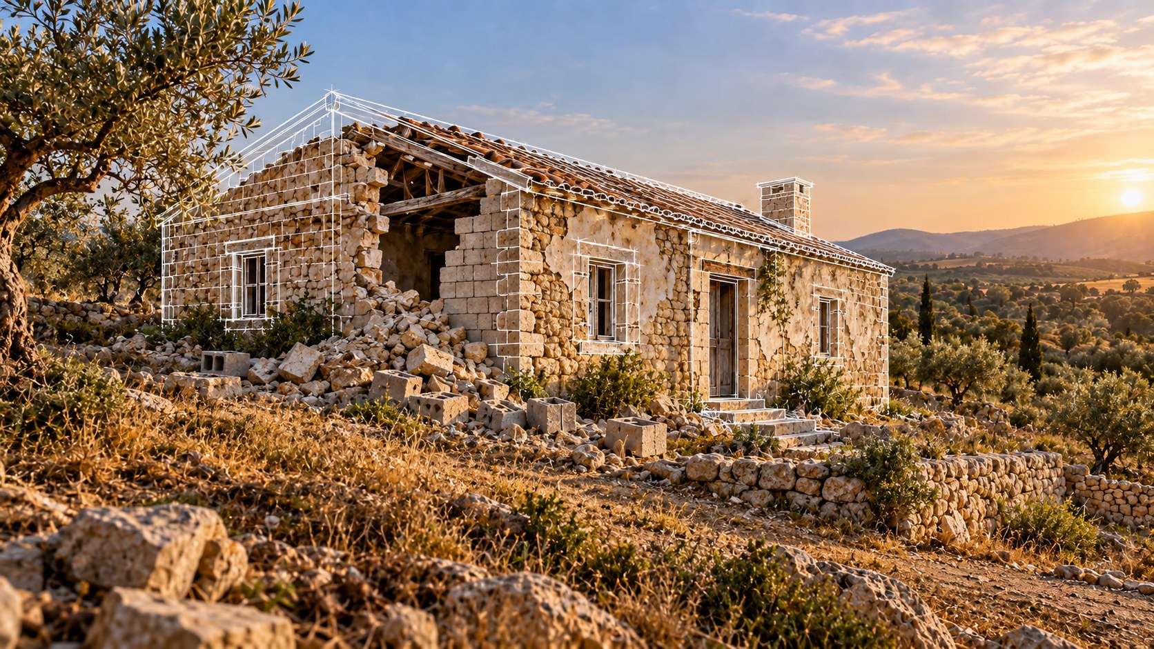 Illustration: a damaged stone house being rebuilt