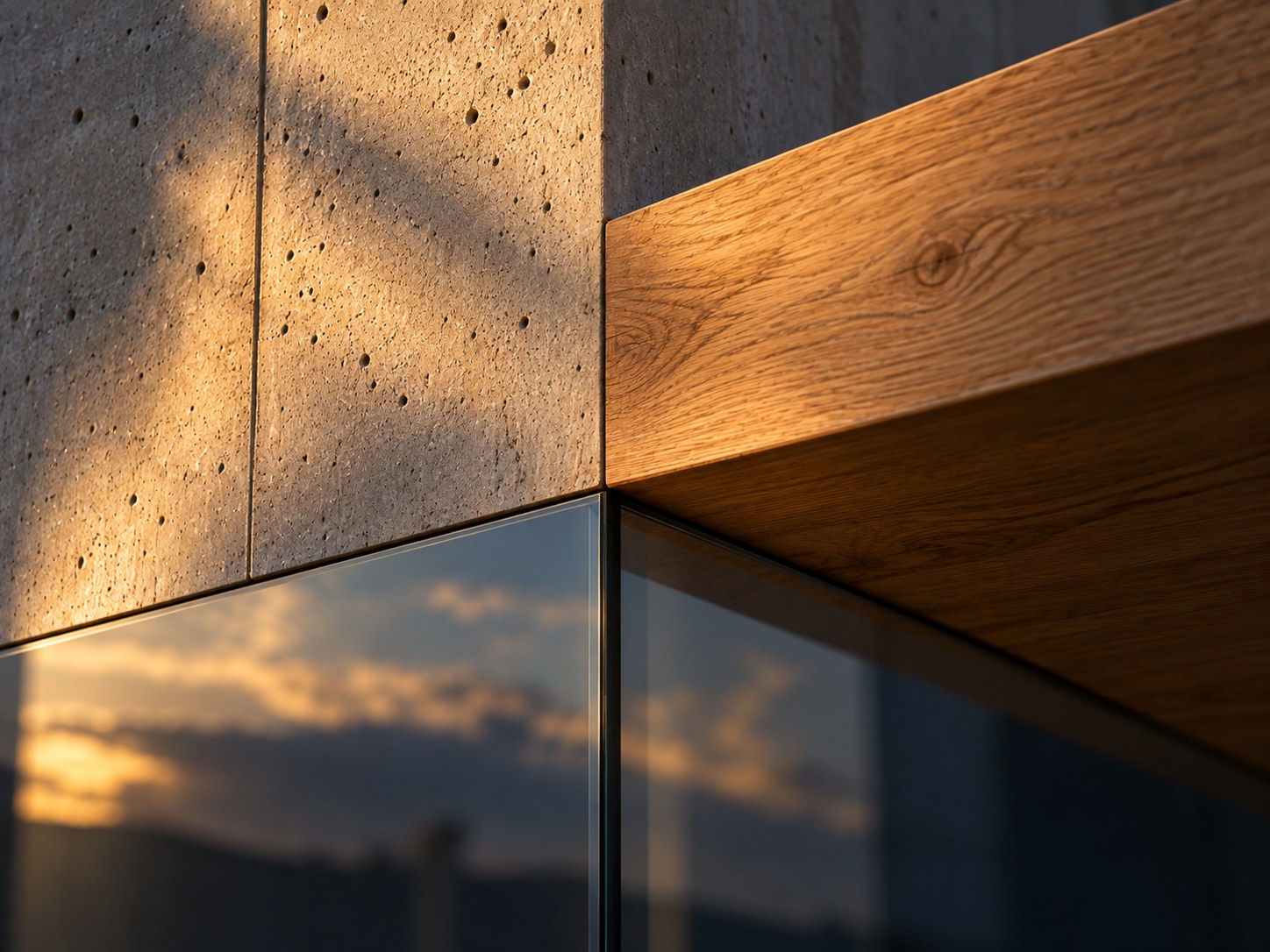 Abstract detail where concrete, timber and glass meet in one precise joint