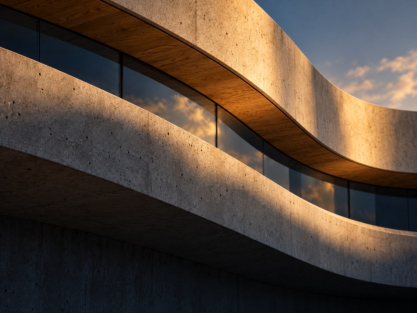 Abstract view of flowing curved concrete bands with a timber soffit