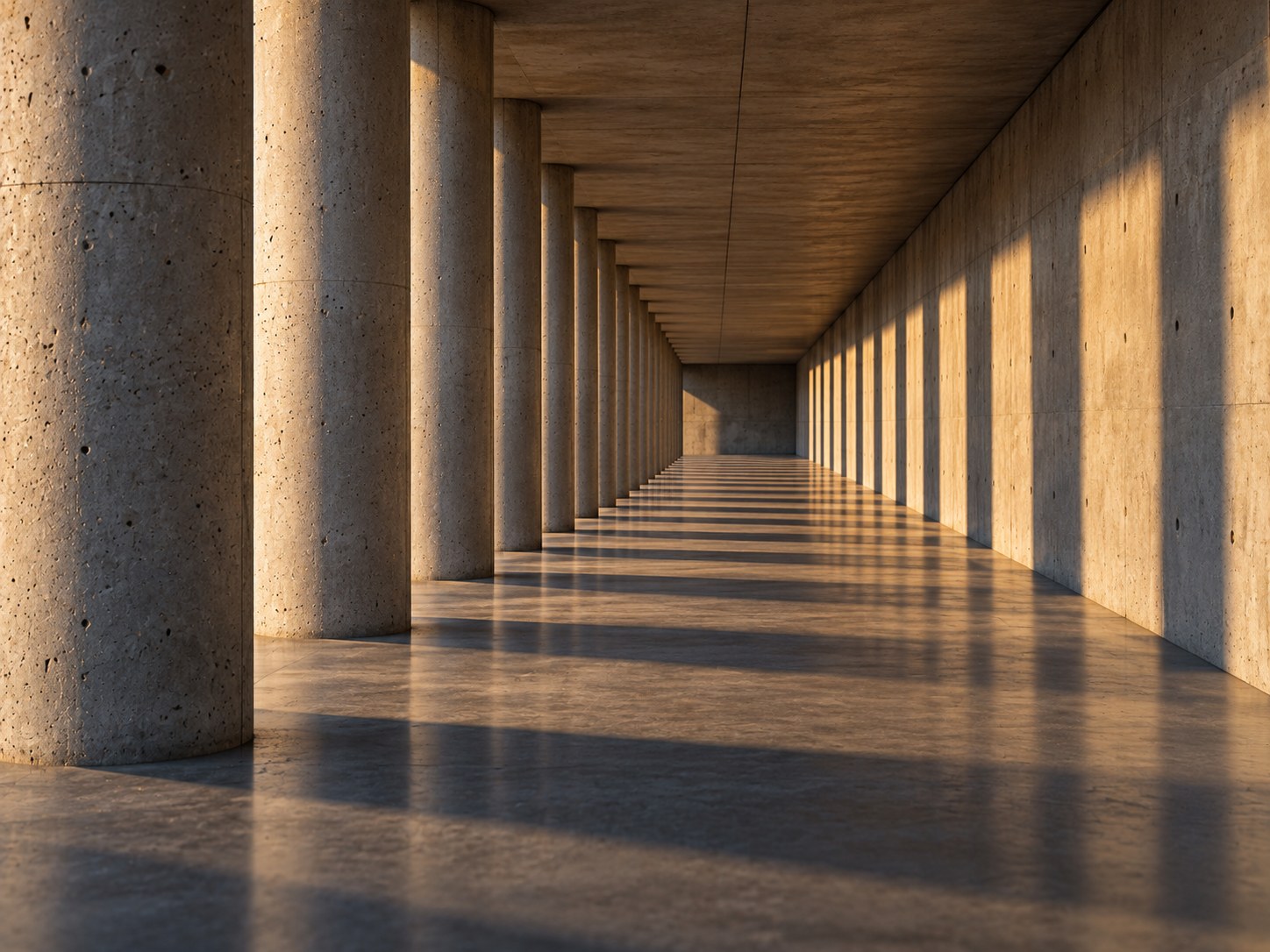 Abstract colonnade of concrete columns with parallel shadows